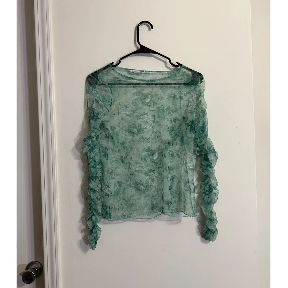 Zara Mesh Top Green Floral Ruched Sleeve Sheer Fairycore Whimsigoth Festival S